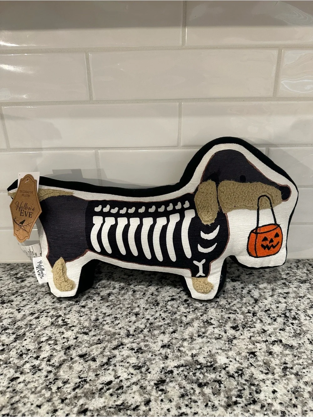 Dachshund Skeleton Decorative Pillow - Black and Brown Halloween Accent
